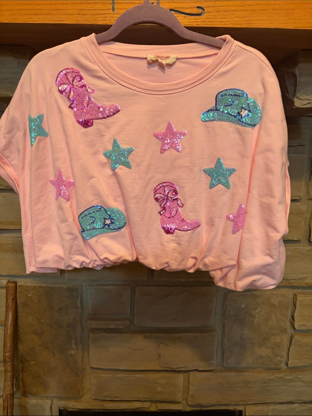 Peach Love  Pink Sequin Cowboy & Star Cropped Sweatshirt and Bubble skirt